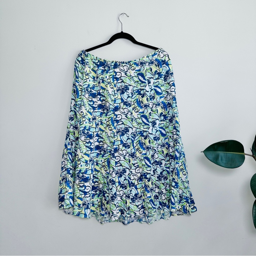 JM Collection Skirt 16 Petite Blue Green Yellow Floral Linen Midi